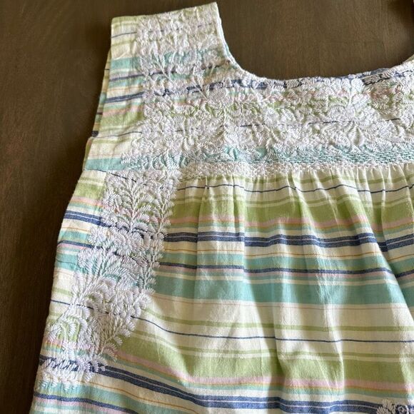 J. Marie Stripe embroidered Top size Medium Green Blue White - Picture 9 of 12